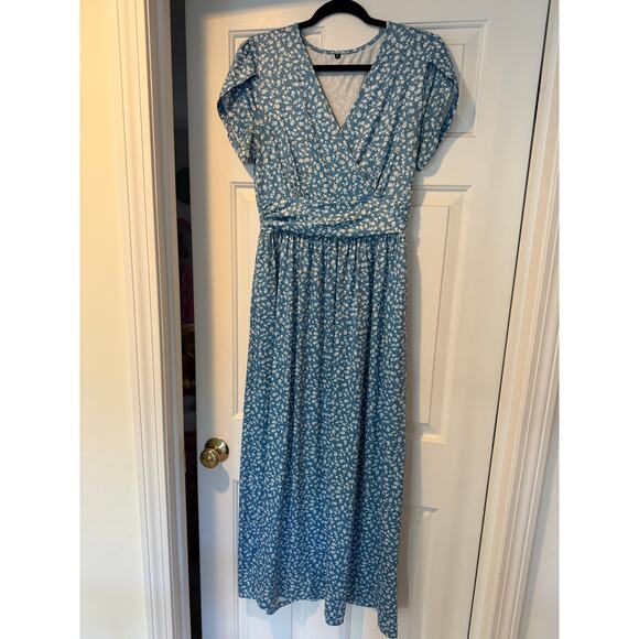 OUGES size Medium Blue Floral Maternity Maxi Dress Women V Neck - Picture 2 of 3